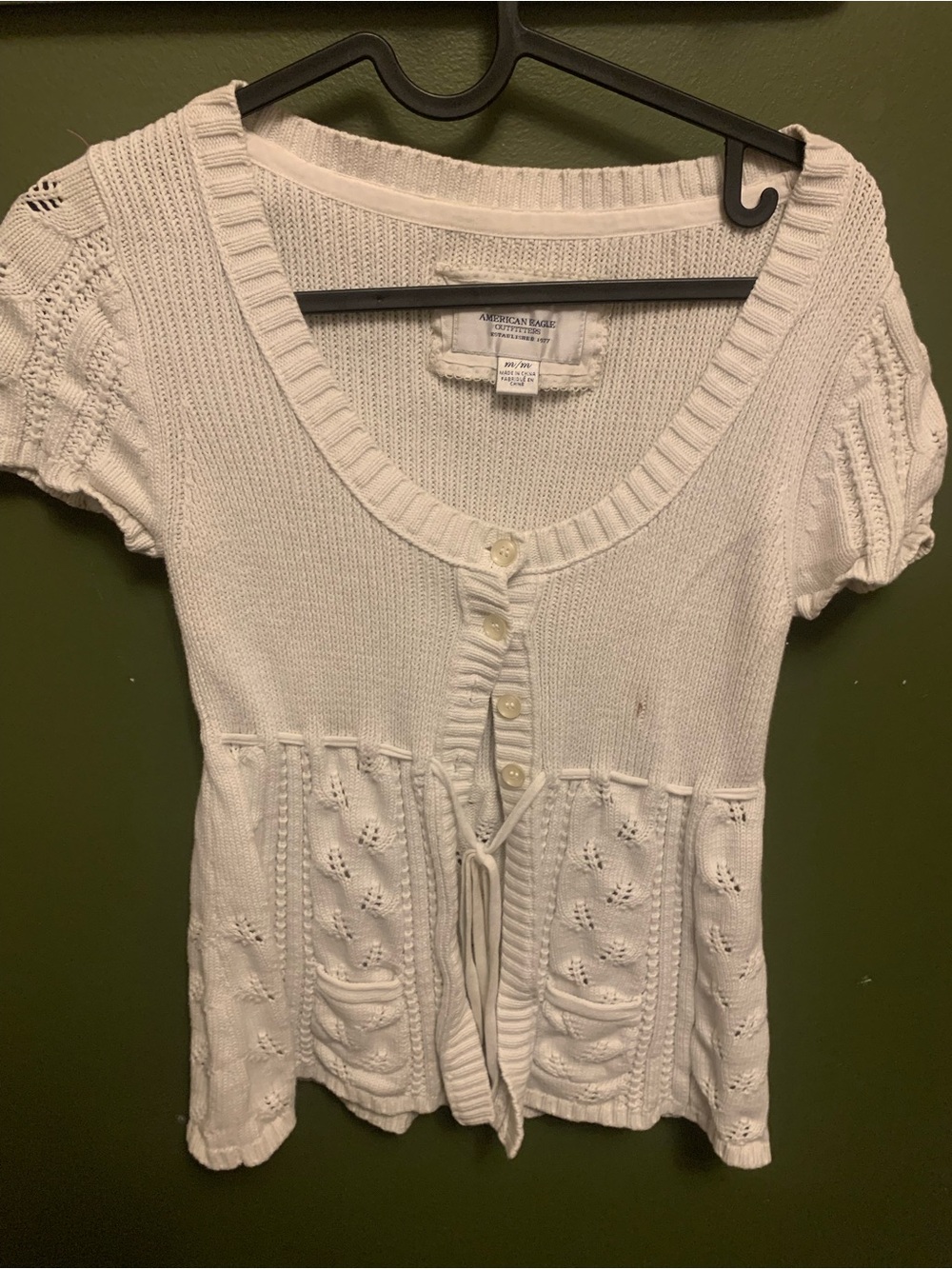 American Eagle Outfitters White Short-Sleeve Knit Button Cardigan with Waist Tie